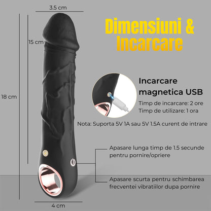 Dildo Vibrator LovePlay™ PulseGrip, cu 10 Moduri de Vibratie si Textura Realista, Maner Ergonomic, Silicon Moale, Flexibil si Impermeabil IPX5, Design cu Relief pentru Stimulare Intensa, Negru - LovePlay