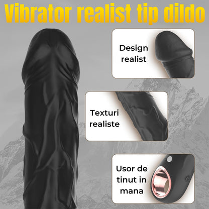 Dildo Vibrator LovePlay™ PulseGrip, cu 10 Moduri de Vibratie si Textura Realista, Maner Ergonomic, Silicon Moale, Flexibil si Impermeabil IPX5, Design cu Relief pentru Stimulare Intensa, Negru - LovePlay