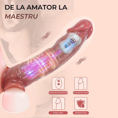 Manson penis LovePlay™ LongFriend, cu 10 moduri de vibratie, vene proeminente, control prin telecomanda, din silicon non-toxic, atasabil, lungime inserabila de 18 cm, rezistent la apa, diametru interior de 4.5 cm - LovePlay
