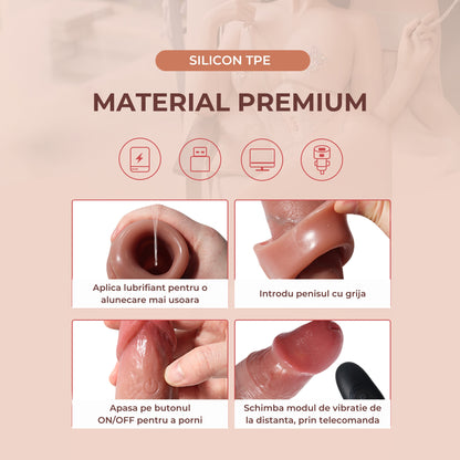 Manson penis LovePlay™ LongFriend, cu 10 moduri de vibratie, vene proeminente, control prin telecomanda, din silicon non-toxic, atasabil, lungime inserabila de 18 cm, rezistent la apa, diametru interior de 4.5 cm - LovePlay