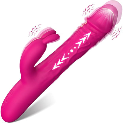 Vibrator LovePlay™ Bunny, cu 10 moduri diferite pentru stimulare dubla: clitoris si punctul G, cu functie de penetrare, dildo realist, tip iepure, rezistent la apa, din silicon non-toxic, lungime inserabila 14 cm, roz - LovePlay