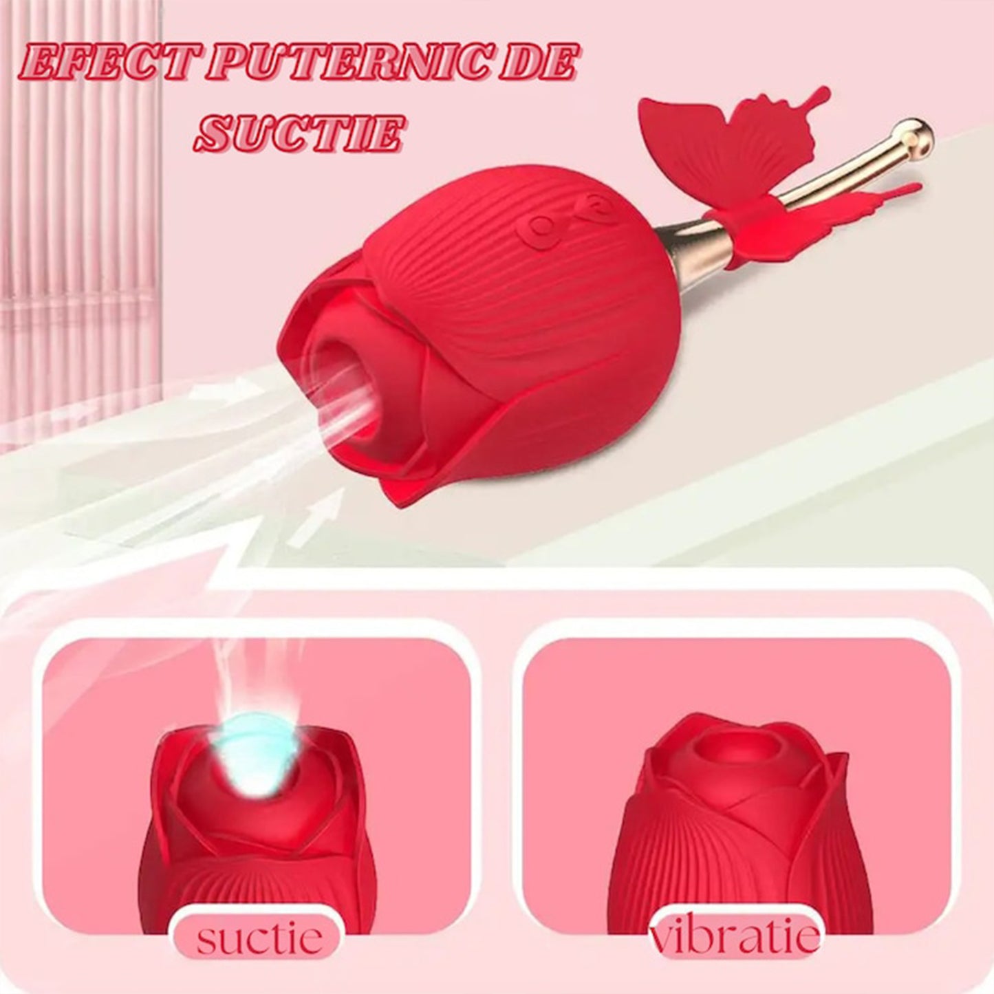 Vibrator LovePlay FullRose, cu 10 moduri de vibratie diferite, functie de suctiune, codita vibratoare pentru stimularea sanilor si a clitorisului, design discret, rezistent la apa, rosu, reincarcabil prin cablu usb