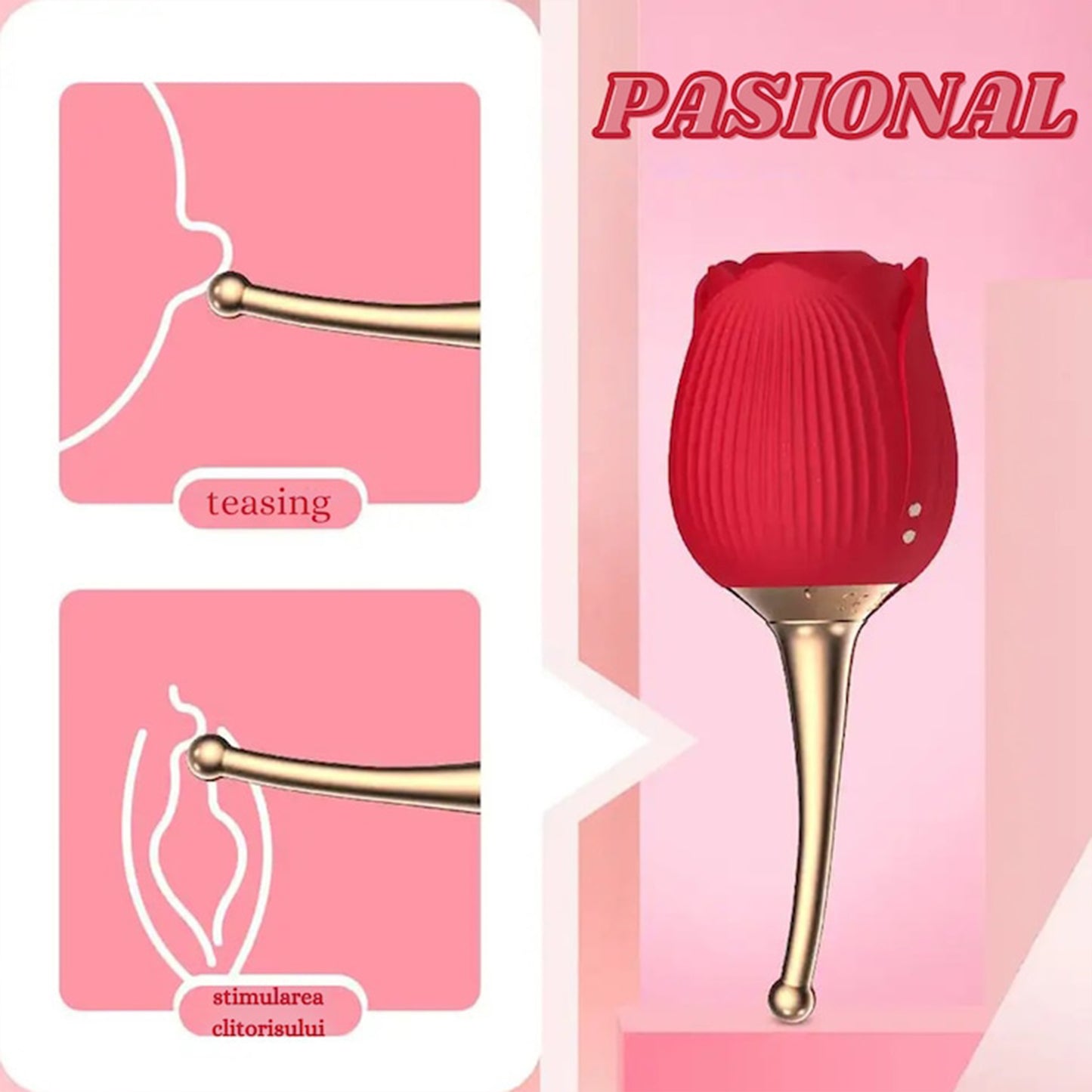 Vibrator LovePlay FullRose, cu 10 moduri de vibratie diferite, functie de suctiune, codita vibratoare pentru stimularea sanilor si a clitorisului, design discret, rezistent la apa, rosu, reincarcabil prin cablu usb
