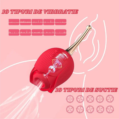 Vibrator LovePlay FullRose, cu 10 moduri de vibratie diferite, functie de suctiune, codita vibratoare pentru stimularea sanilor si a clitorisului, design discret, rezistent la apa, rosu, reincarcabil prin cablu usb