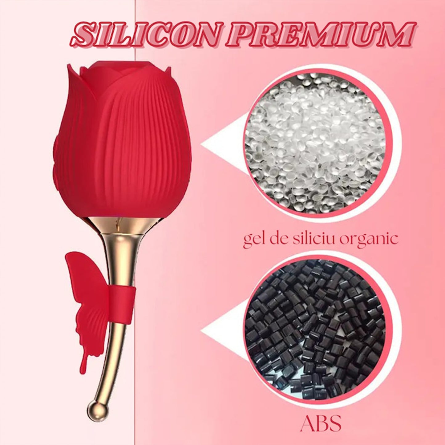 Vibrator LovePlay FullRose, cu 10 moduri de vibratie diferite, functie de suctiune, codita vibratoare pentru stimularea sanilor si a clitorisului, design discret, rezistent la apa, rosu, reincarcabil prin cablu usb