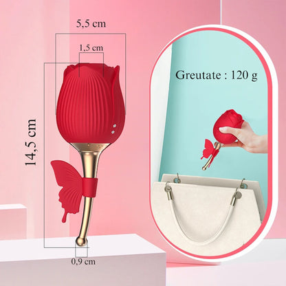 Vibrator LovePlay FullRose, cu 10 moduri de vibratie diferite, functie de suctiune, codita vibratoare pentru stimularea sanilor si a clitorisului, design discret, rezistent la apa, rosu, reincarcabil prin cablu usb