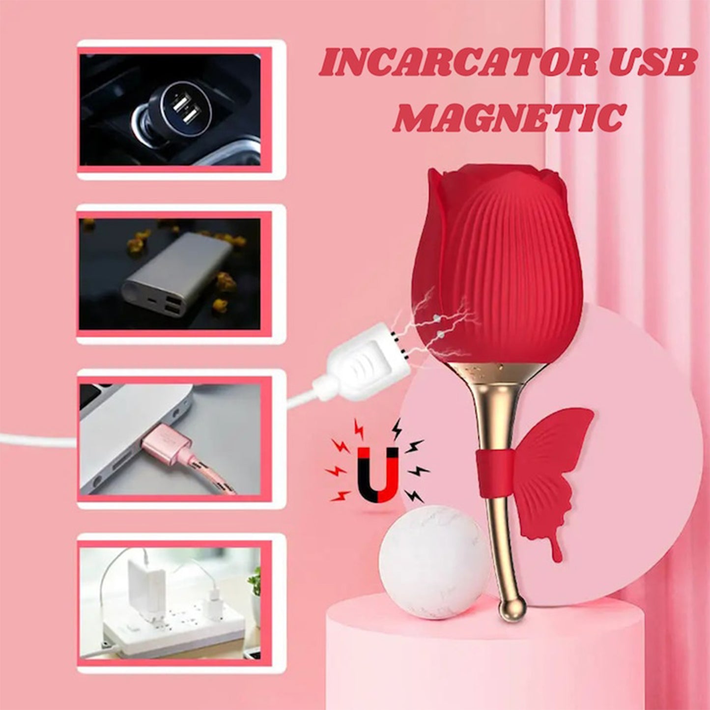 Vibrator LovePlay FullRose, cu 10 moduri de vibratie diferite, functie de suctiune, codita vibratoare pentru stimularea sanilor si a clitorisului, design discret, rezistent la apa, rosu, reincarcabil prin cablu usb