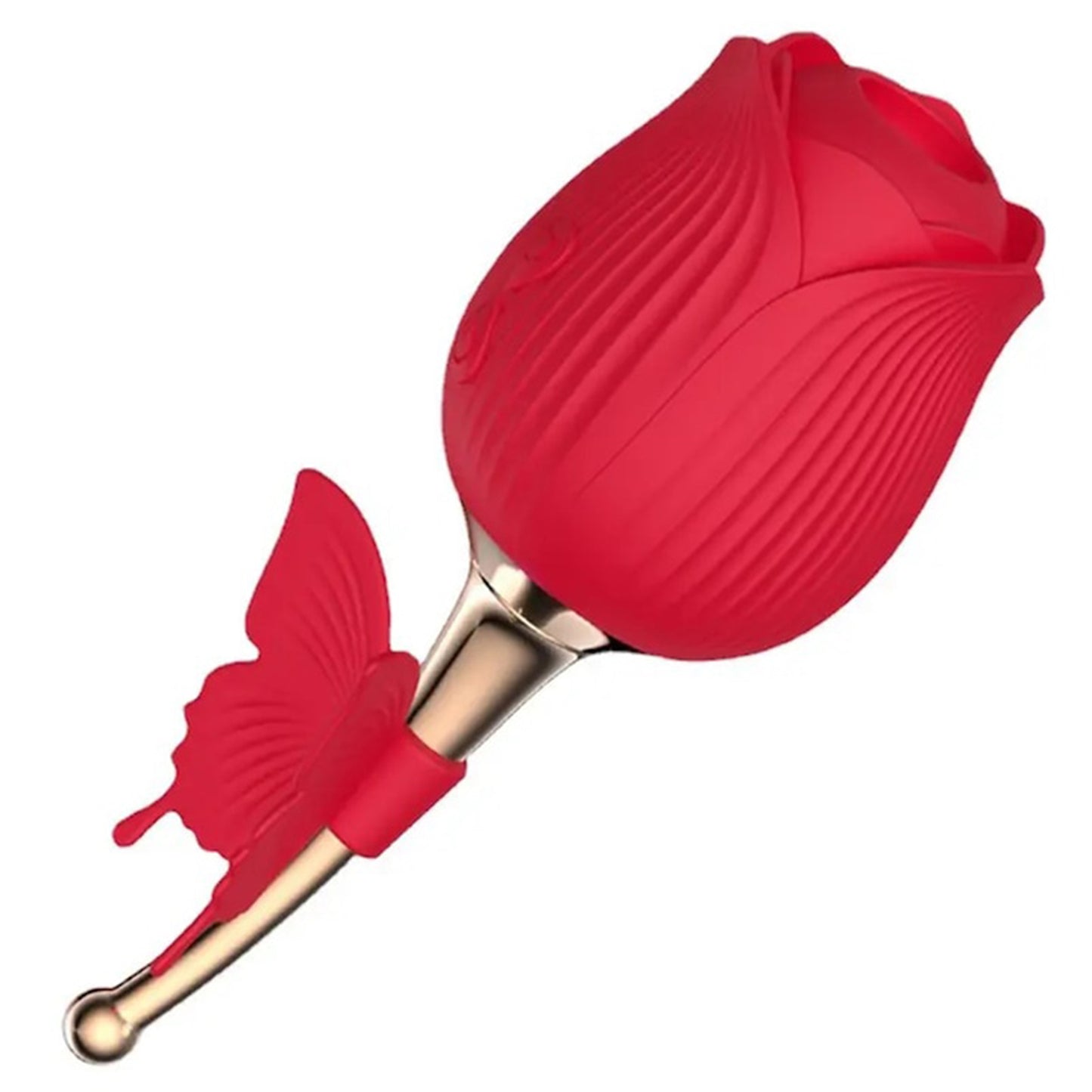 Vibrator LovePlay FullRose, cu 10 moduri de vibratie diferite, functie de suctiune, codita vibratoare pentru stimularea sanilor si a clitorisului, design discret, rezistent la apa, rosu, reincarcabil prin cablu usb