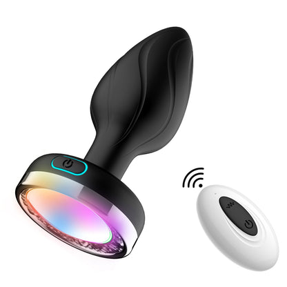 Dop anal LovePlay Galaxy, cu 7 frecvente diferite de vibratie, din silicon, rezistent la apa, reincarcabil USB, cu lumini colorate, negru, diametru 34 mm, lungime 94 mm - LovePlay
