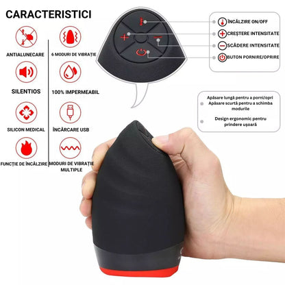 Masturbator LovePlay™ HerTongue, 6 moduri de vibratie puternice, cu efect de deep-throat, functie de incalzire, rezistent la apa, incarcare USB, din silicon premium si sigur, carcasa durabila, design discret, negru, silentios, 230g - LovePlay