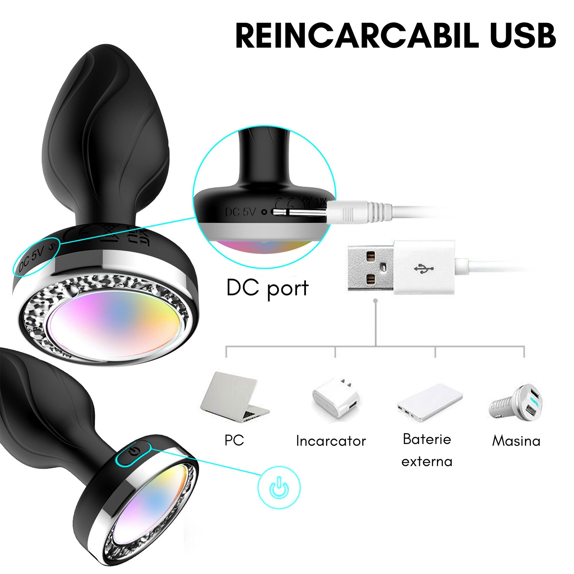Dop anal LovePlay Galaxy, cu 7 frecvente diferite de vibratie, din silicon, rezistent la apa, reincarcabil USB, cu lumini colorate, negru, diametru 34 mm, lungime 94 mm - LovePlay