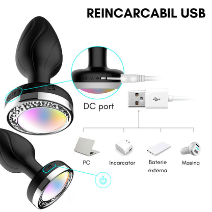 Dop anal LovePlay Galaxy, cu 7 frecvente diferite de vibratie, din silicon, rezistent la apa, reincarcabil USB, cu lumini colorate, negru, diametru 34 mm, lungime 94 mm - LovePlay