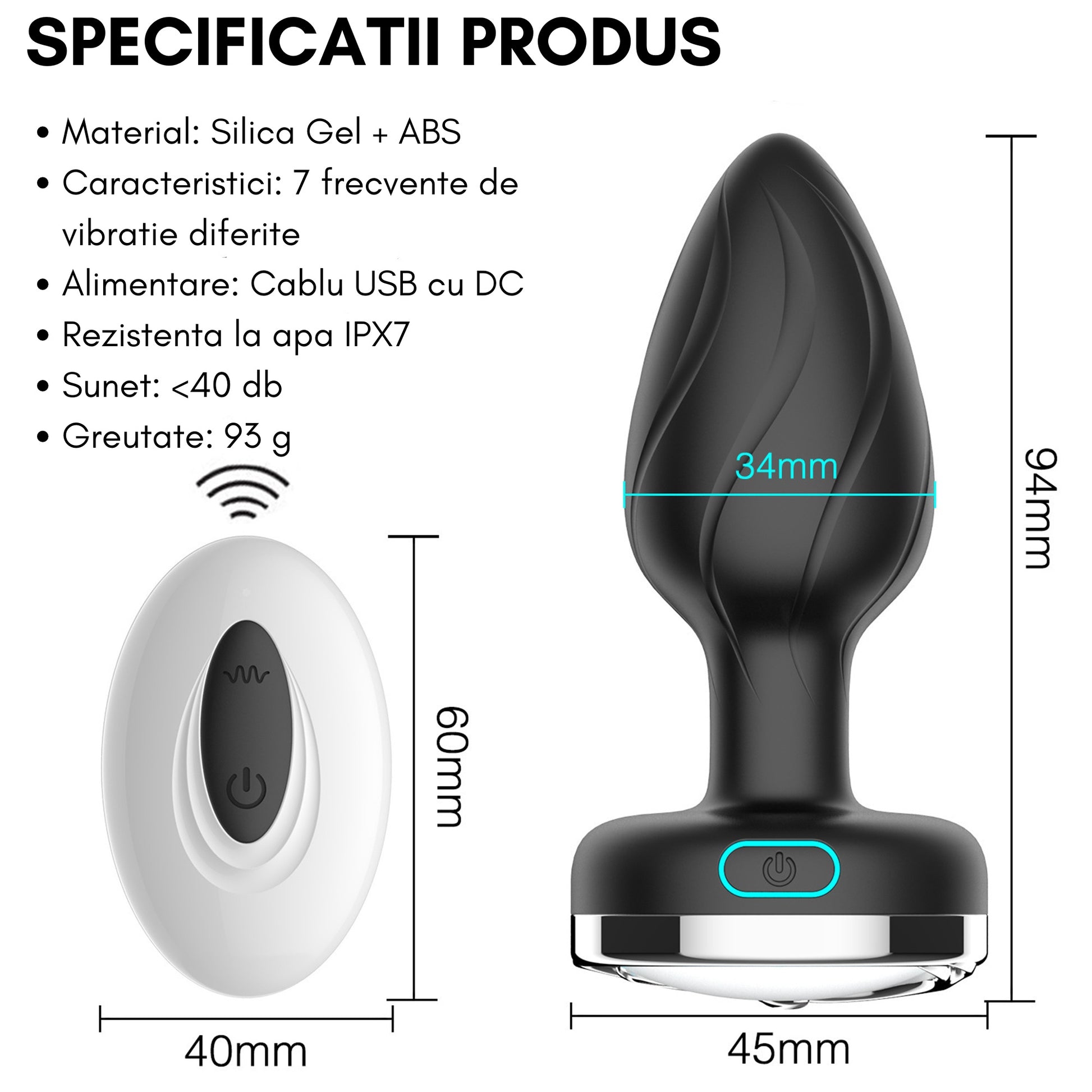 Dop anal LovePlay Galaxy, cu 7 frecvente diferite de vibratie, din silicon, rezistent la apa, reincarcabil USB, cu lumini colorate, negru, diametru 34 mm, lungime 94 mm - LovePlay